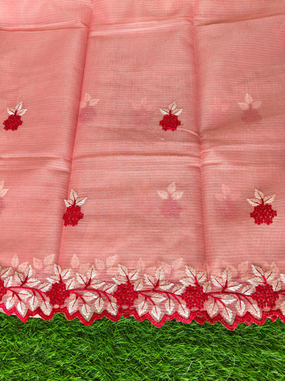 Kota cotton Carrot Color Thread Embroidered Saree (Copy)