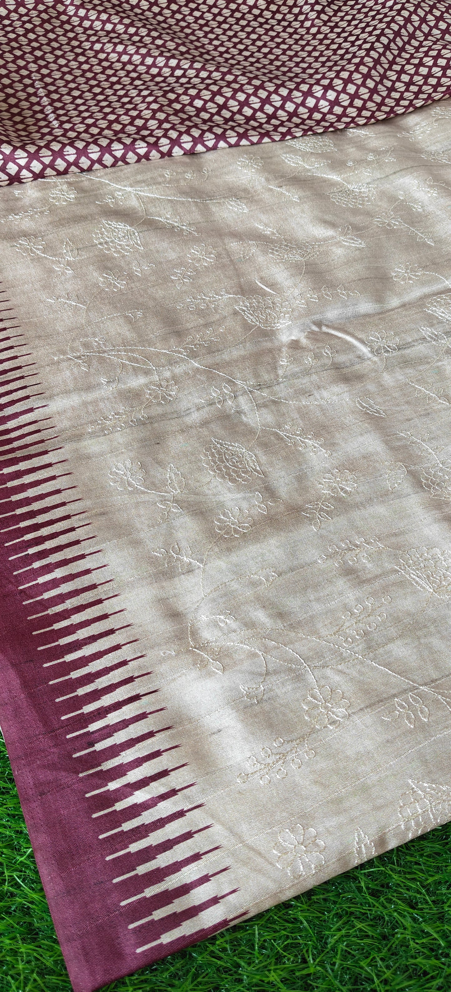 Cream Self Thread Embroidered Soft Silk Saree with Contrast Border