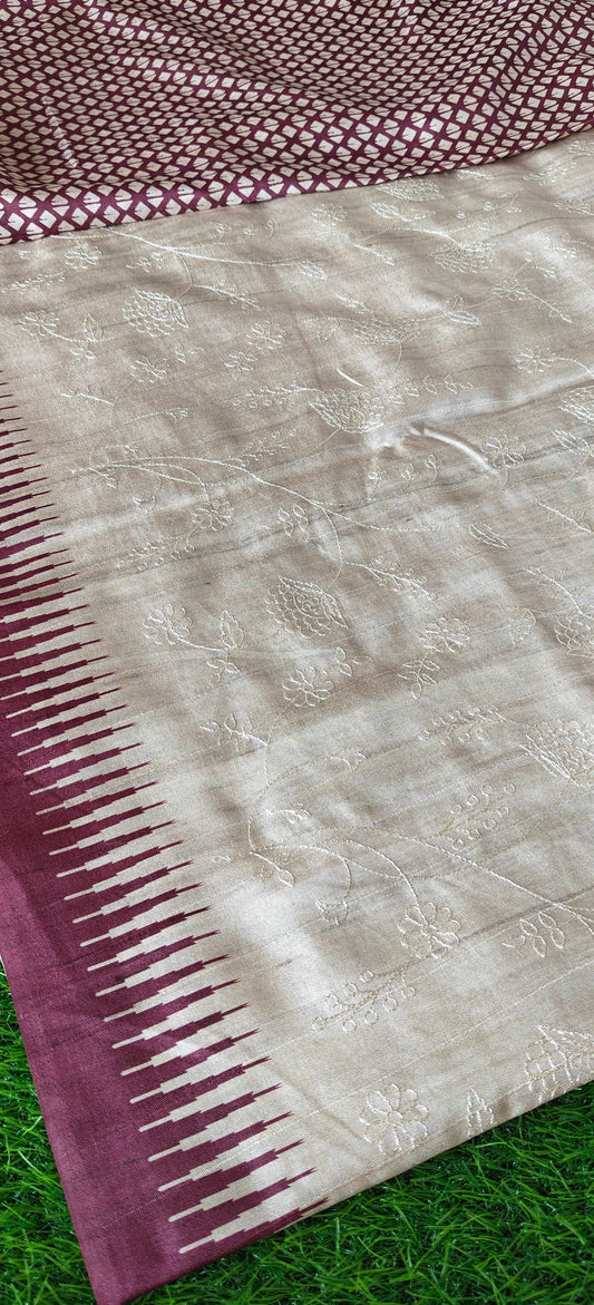 Cream Self Thread Embroidered Soft Silk Saree with Contrast Border