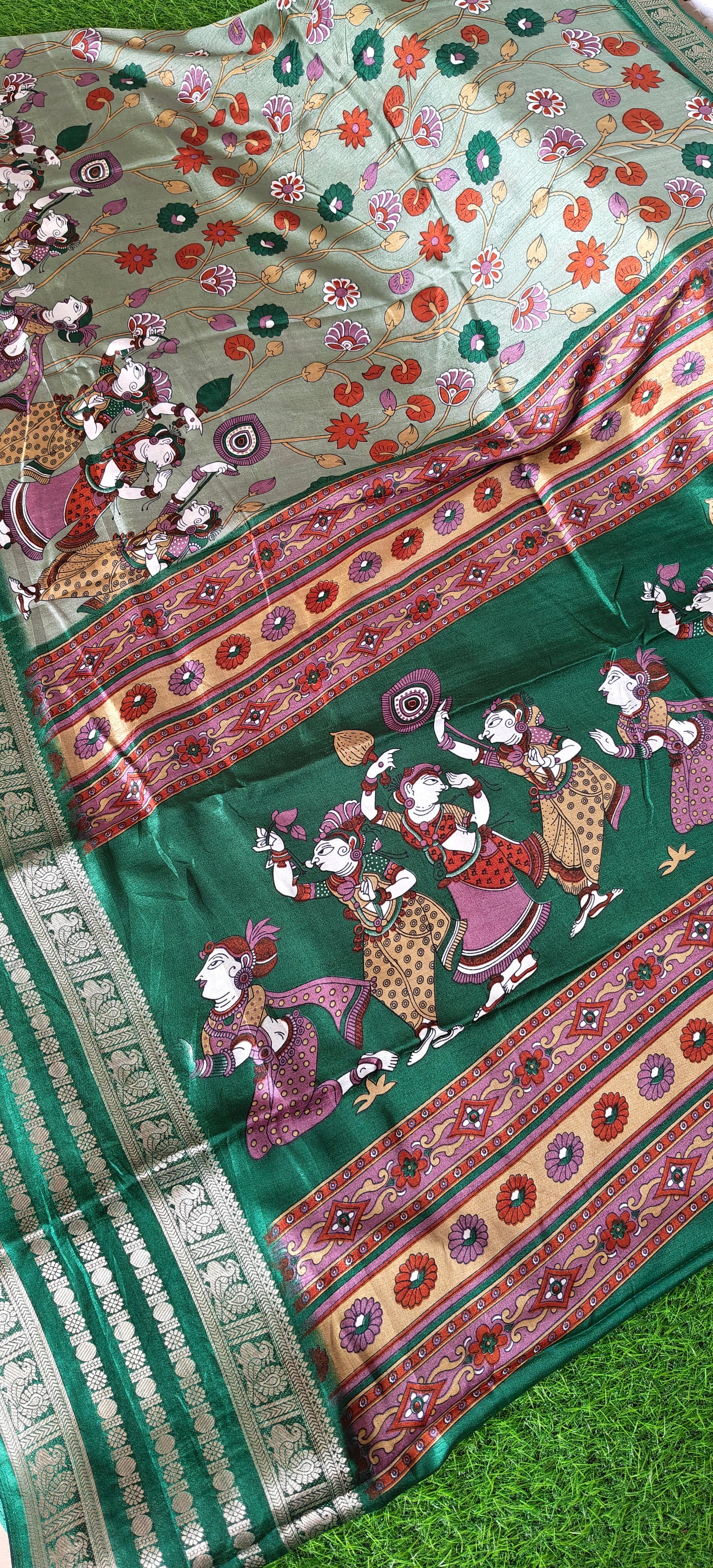 Green Kalamkari Print Semi Crepe Silk Saree