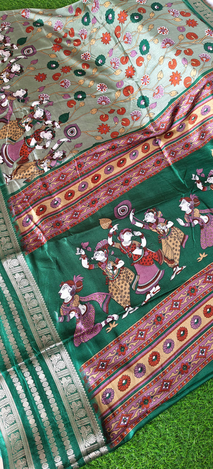 Green Kalamkari Print Semi Crepe Silk Saree