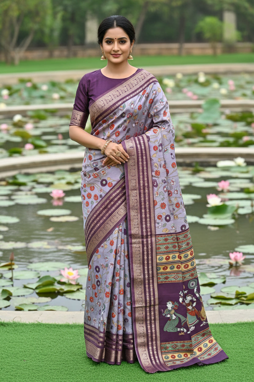 wine Kalamkari Print Semi Crepe Silk