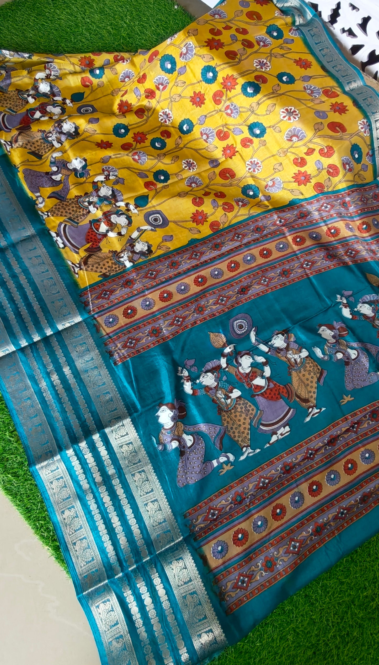 Yellow Kalamkari Print Semi Crepe Silk