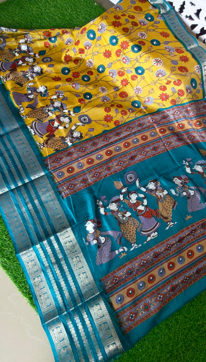 Yellow Kalamkari Print Semi Crepe Silk
