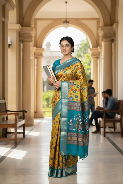 Yellow Kalamkari Print Semi Crepe Silk