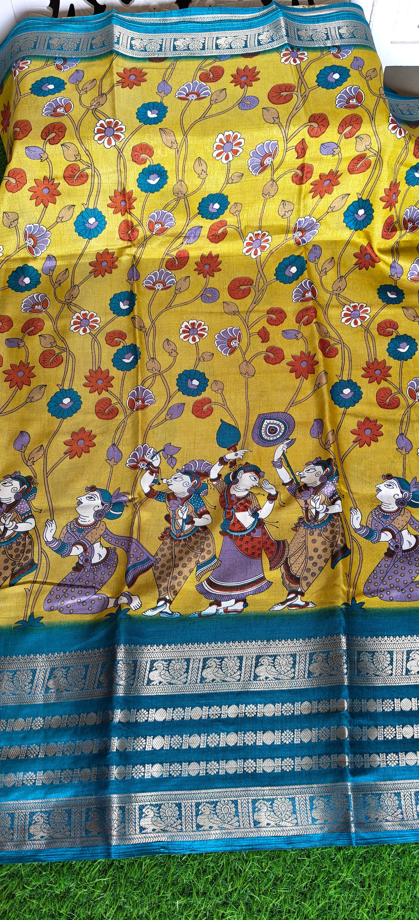 Yellow Kalamkari Print Semi Crepe Silk