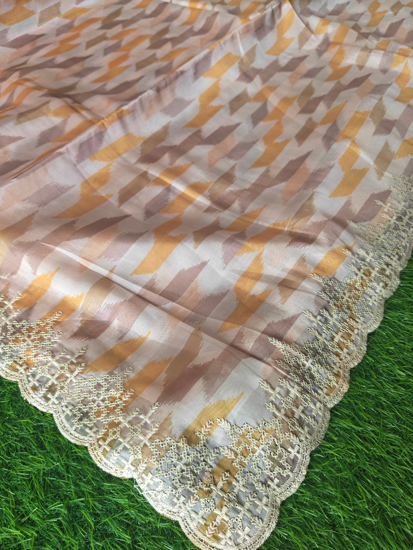 Multicolored light brown Italian satin crepe Silk with contrast blouse Saree (Copy)