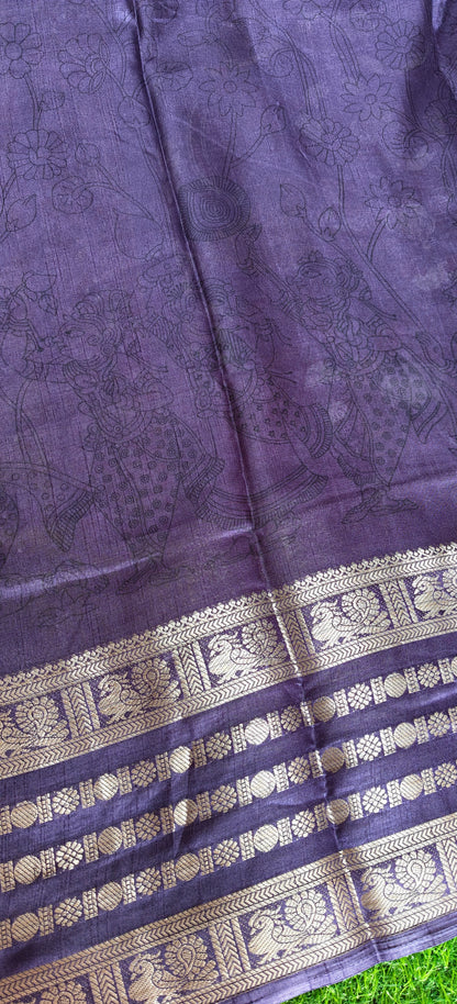 Purple Kalamkari Print Semi Crepe Silk