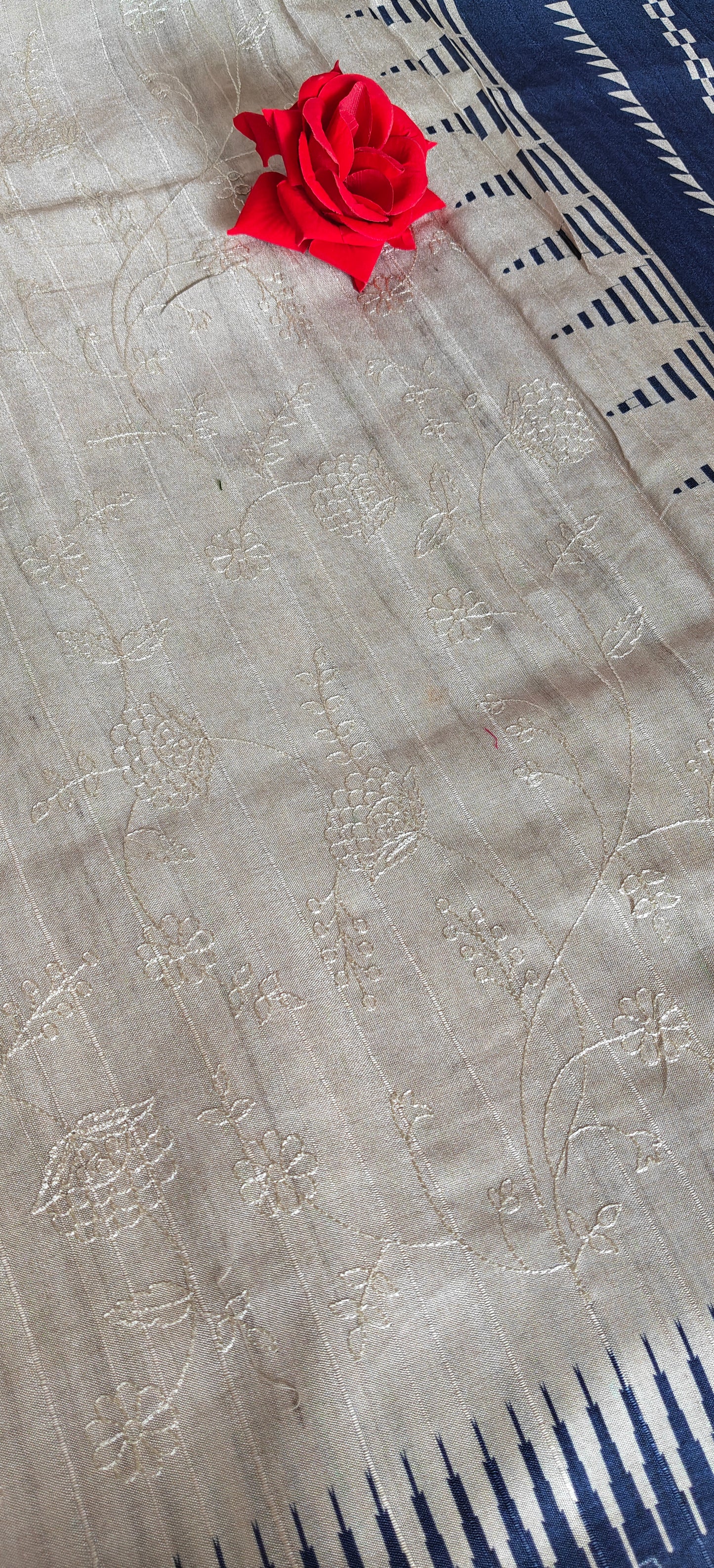 Cream Self Thread Embroidered Soft Silk Saree with Contrast Border