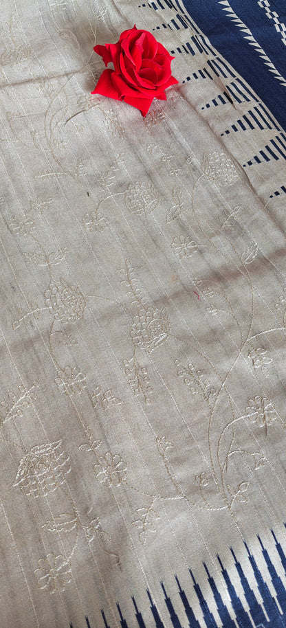 Cream Self Thread Embroidered Soft Silk Saree with Contrast Border