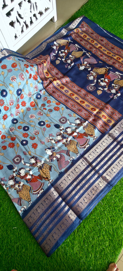 Blue Kalamkari Print Semi Crepe Silk