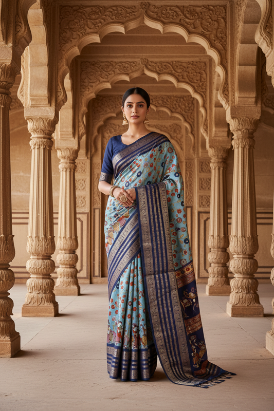 Blue Kalamkari Print Semi Crepe Silk