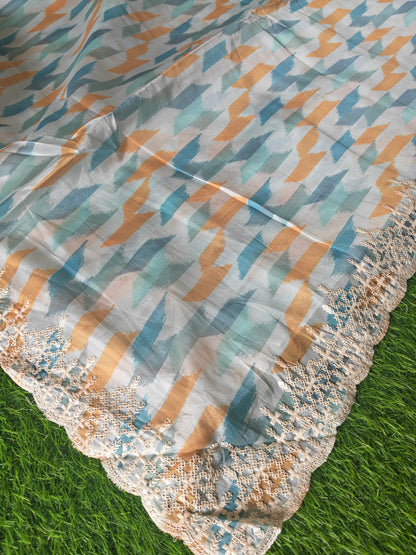 Multicolored sea green Italian satin crepe Silk with contrast blouse Saree