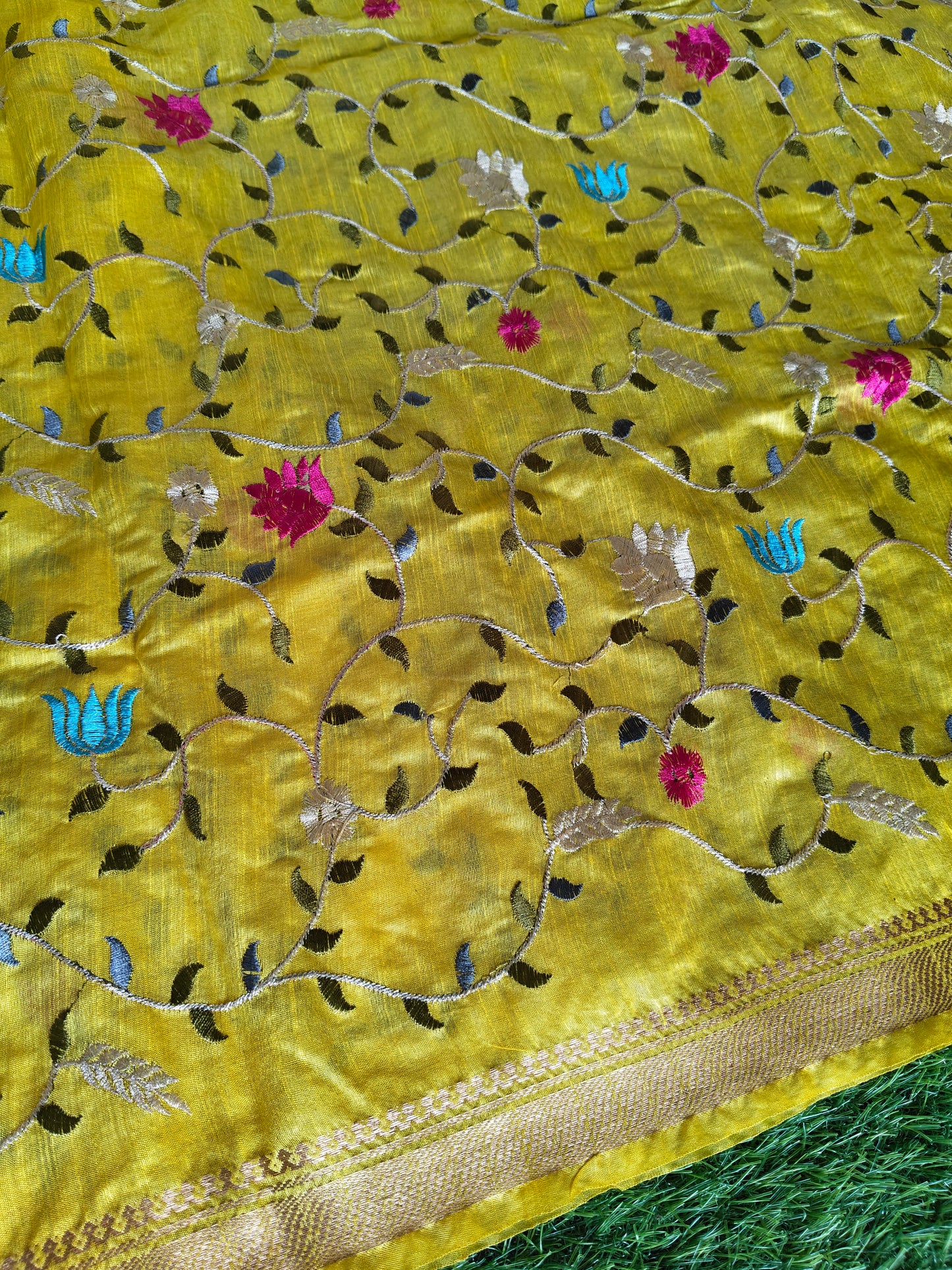 Yellow colour Tusser silk multi colour thread embroidered (Copy)