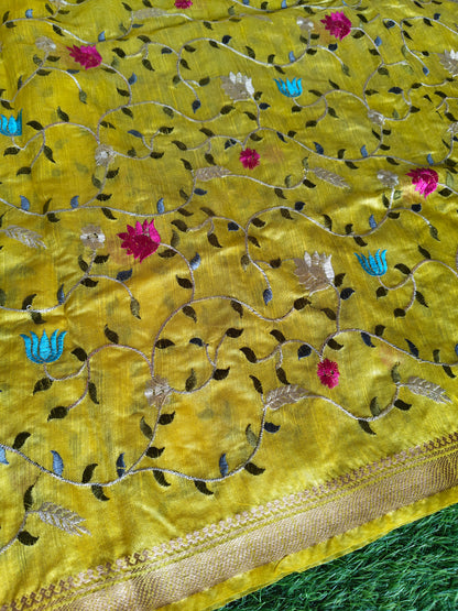 Yellow colour Tusser silk multi colour thread embroidered (Copy)