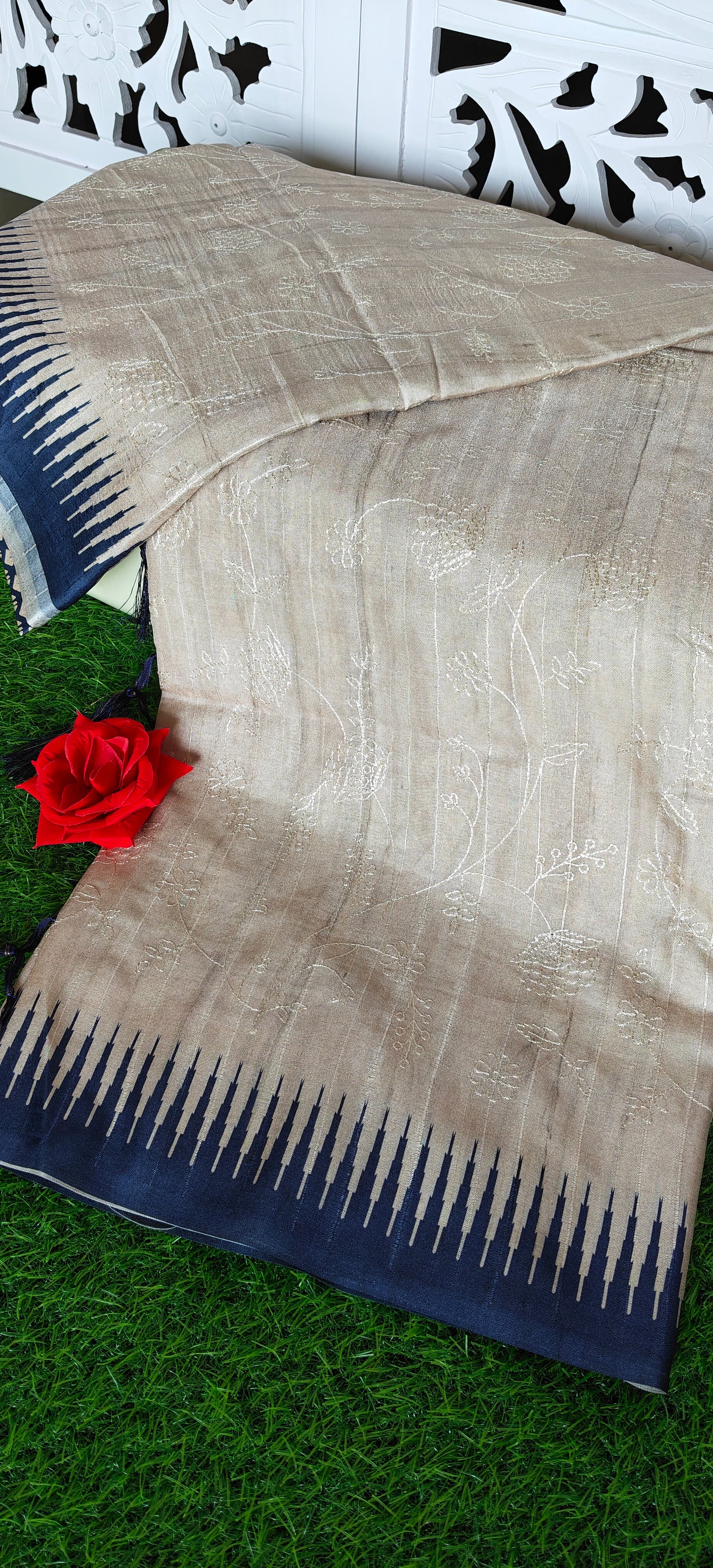 Cream Self Thread Embroidered Soft Silk Saree with Contrast Border