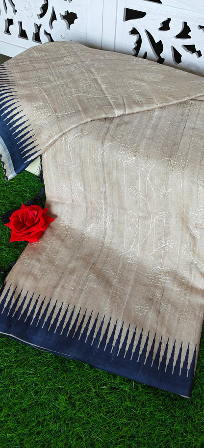 Cream Self Thread Embroidered Soft Silk Saree with Contrast Border
