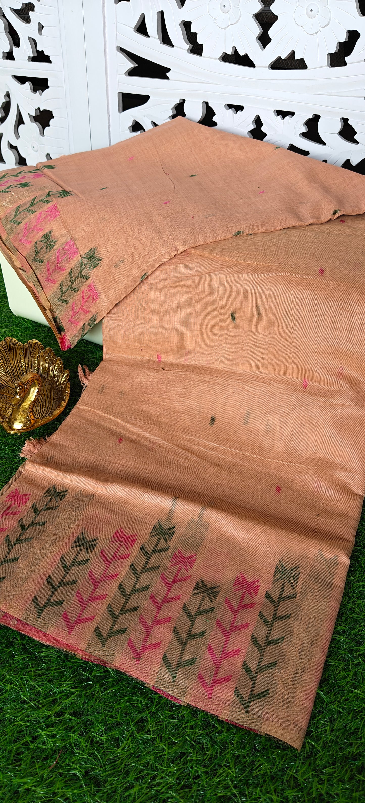 Peach Embroidered  Cotton Saree