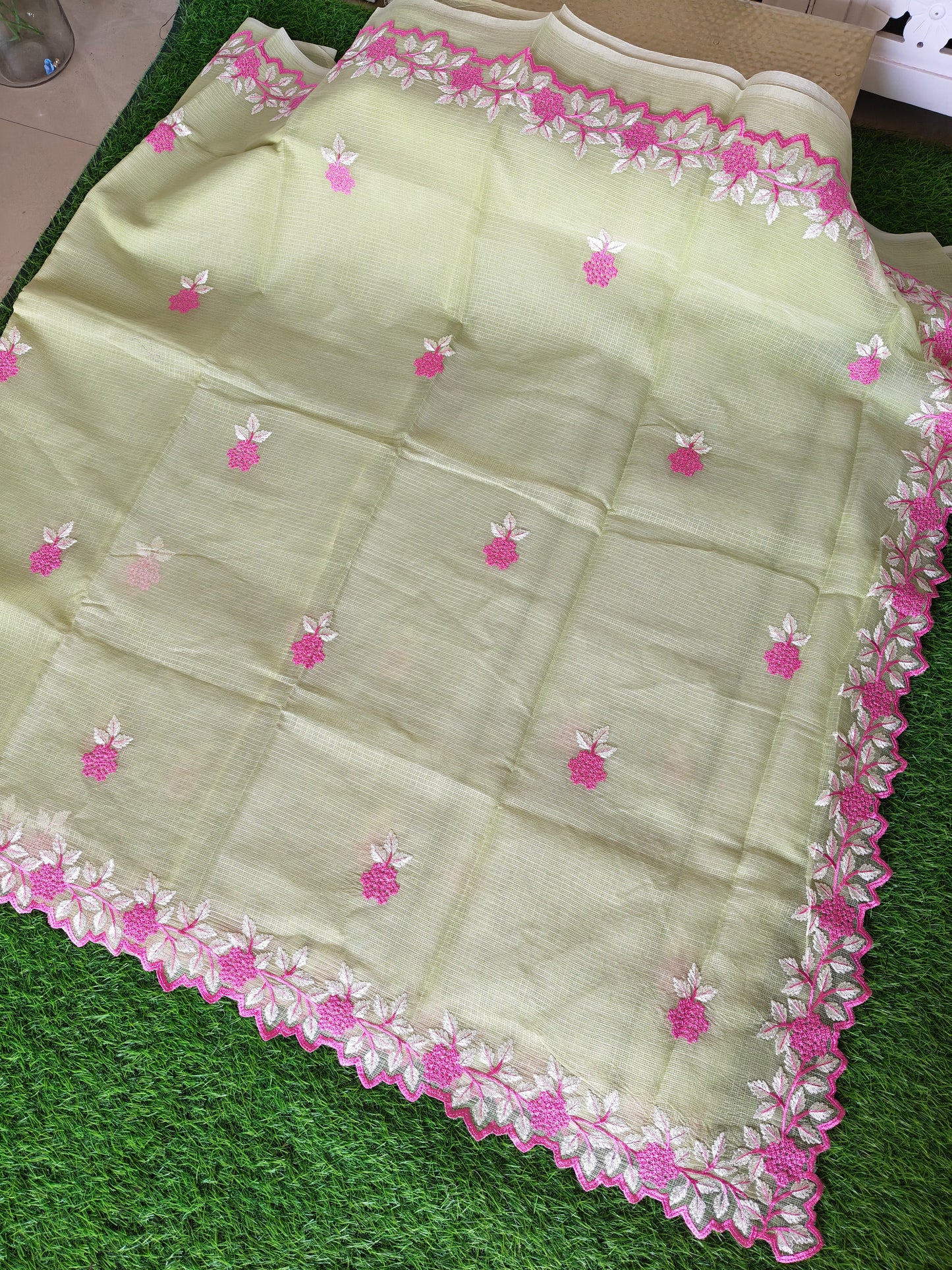 Kora cotton pista green  colour thread embroidered Saree (Copy)