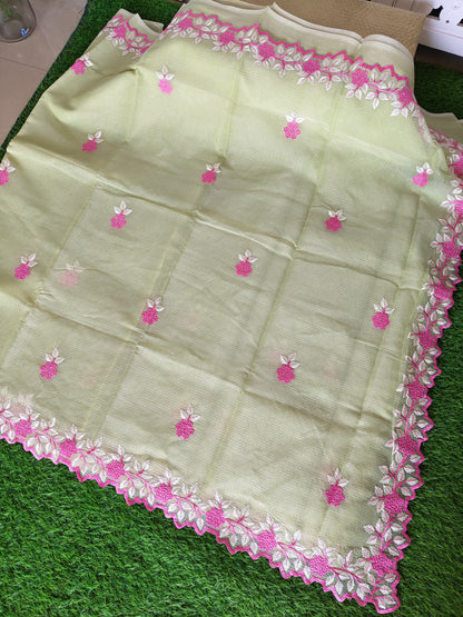 Kora cotton pista green  colour thread embroidered Saree (Copy)