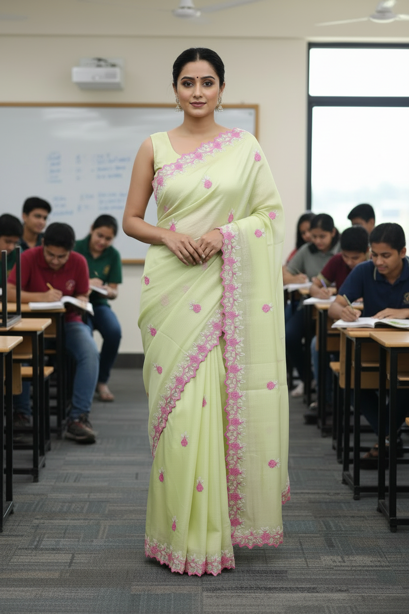 Kora cotton pista green  colour thread embroidered Saree (Copy)