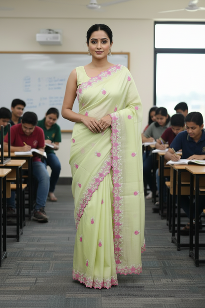 Kora cotton pista green  colour thread embroidered Saree (Copy)