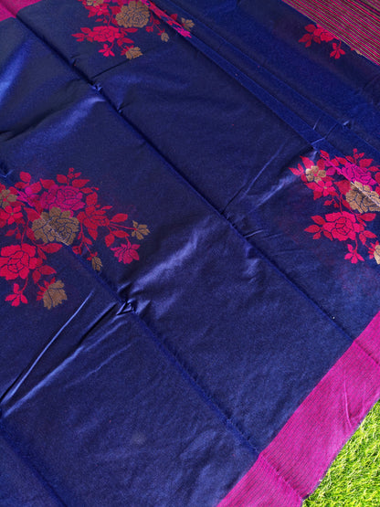 Royal Blue Cotton Saree with Thread Embroidery & Contrast Border | Elegant Traditional Saree