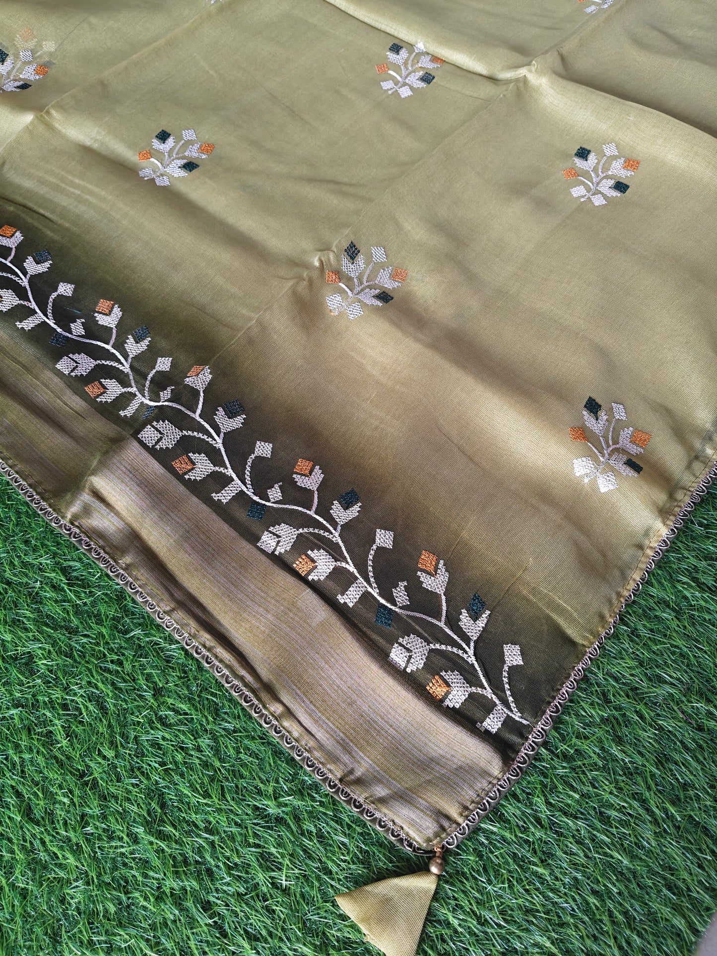 Double shaded dark green & light green color soft net thread embroidered saree