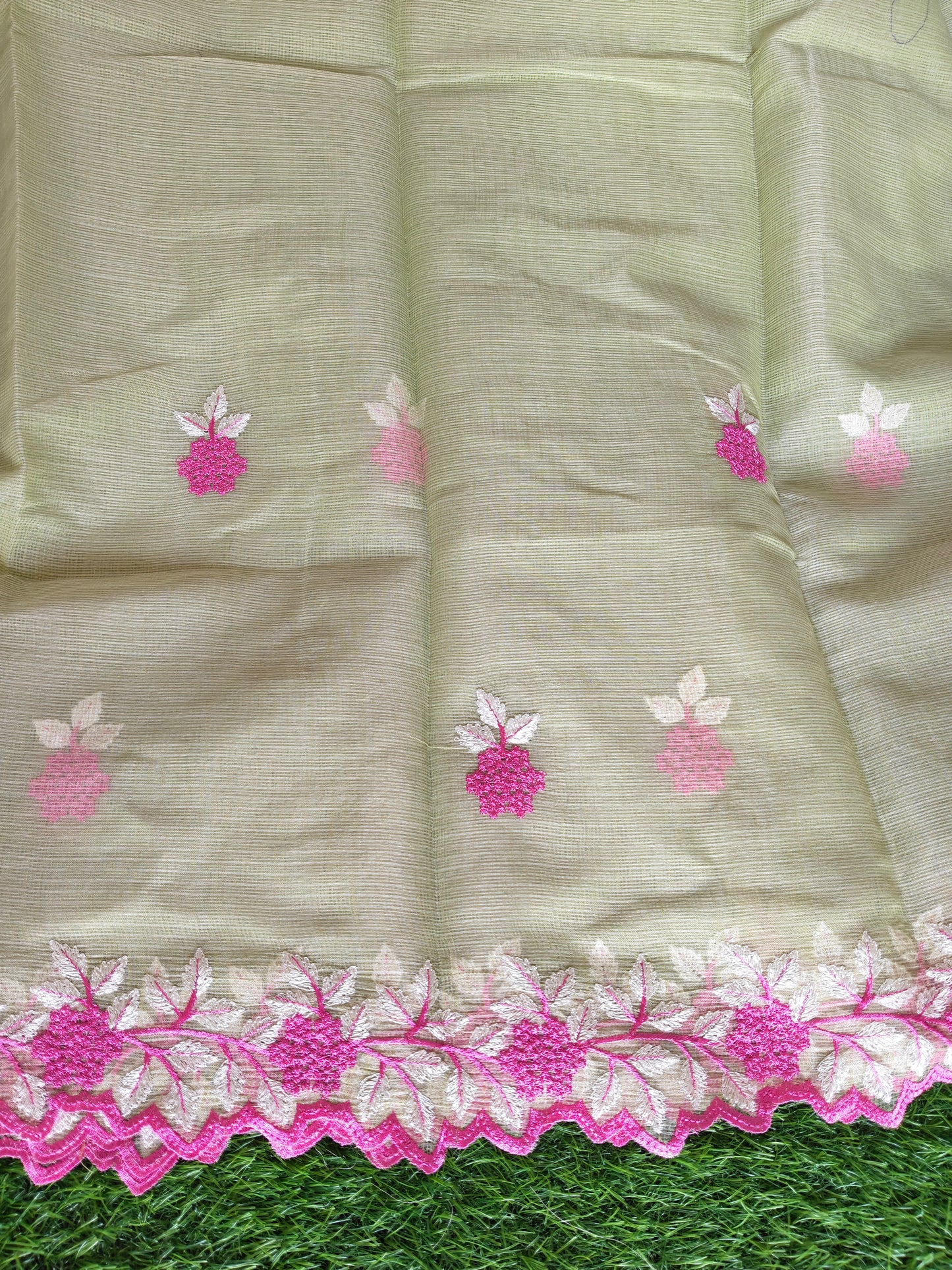 Kora cotton pista green  colour thread embroidered Saree (Copy)