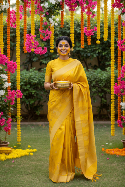 Yellow Raw Silk Saree with Small Motifs