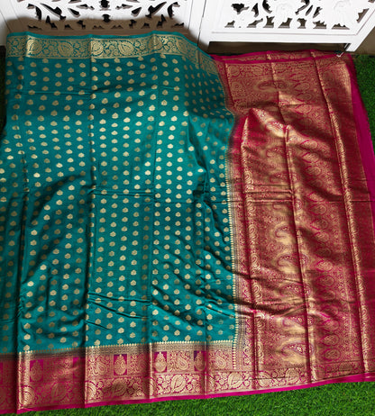 Peacock or Teal Blue Banarasi Semi Georgette Silk Saree with Rani Pink Contrast Border & Blouse