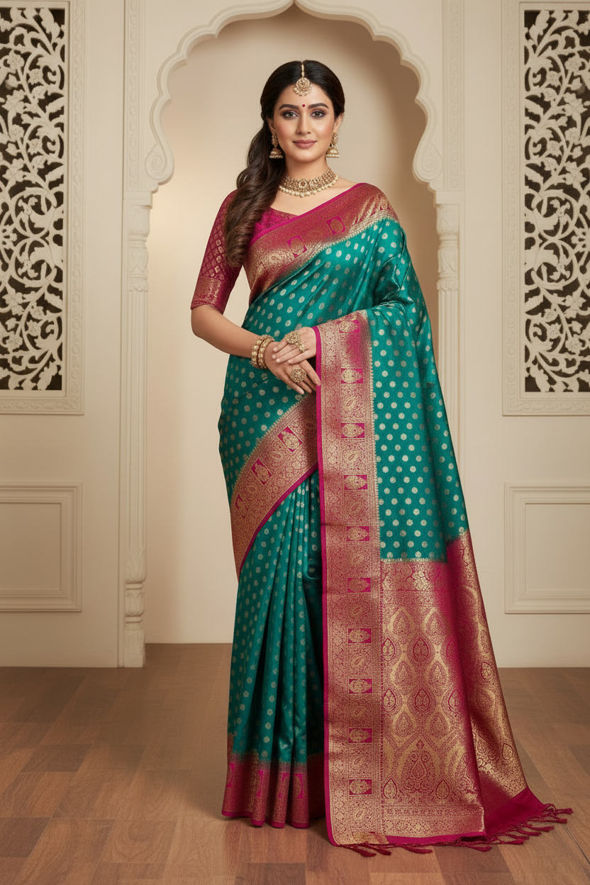 Peacock or Teal Blue Banarasi Semi Georgette Silk Saree with Rani Pink Contrast Border & Blouse