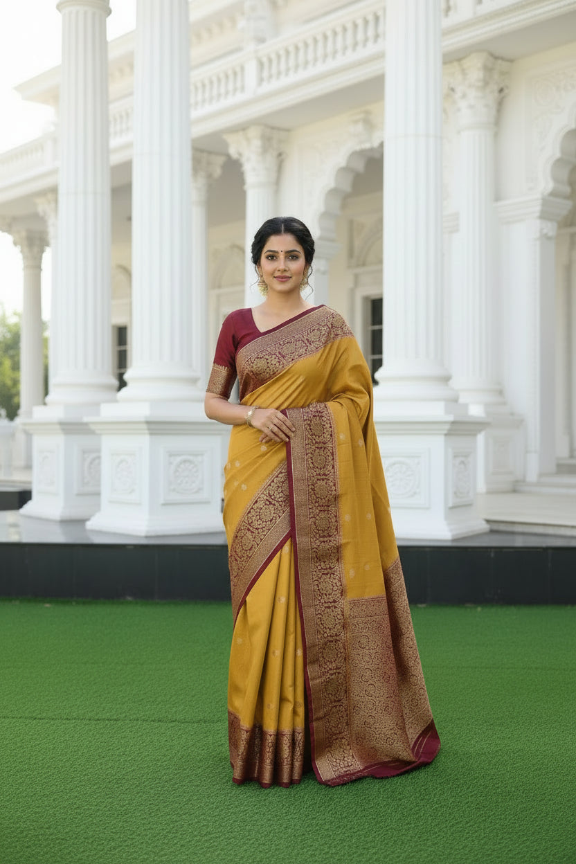 Yellow semi crepe Silk Saree (Copy)