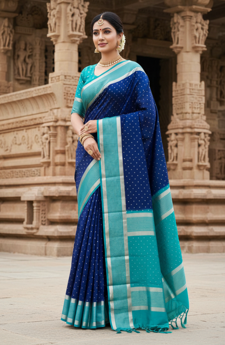 Crepe Silk dark  blue colour contrast border Saree