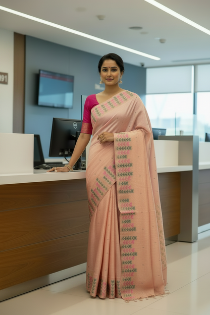 Peach Embroidered  Cotton Saree