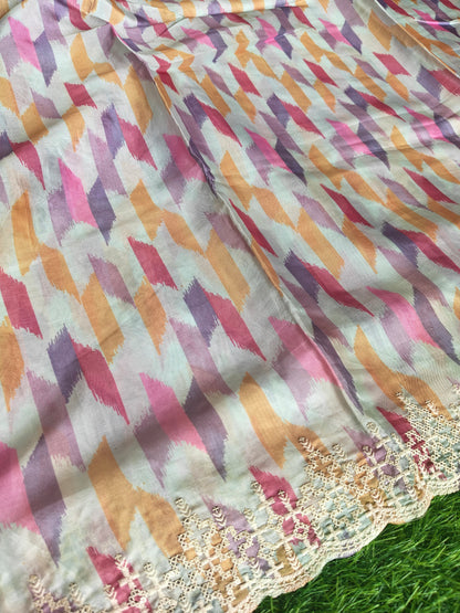 Multicolored light sky blue Italian satin crepe Silk with contrast blouse Saree