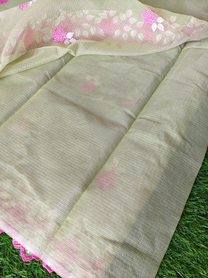 Kora cotton pista green  colour thread embroidered Saree (Copy)
