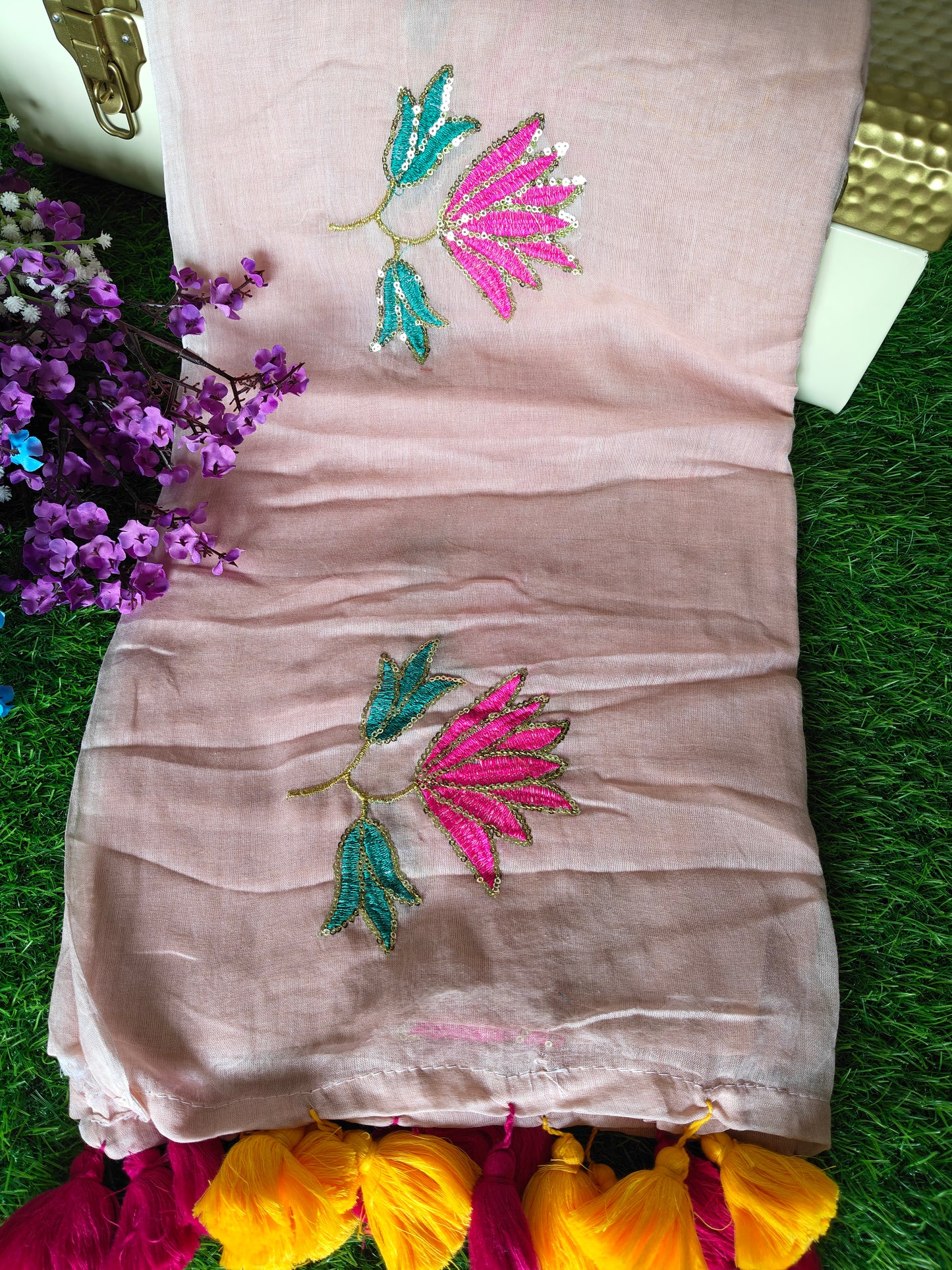 MulMul cotton light peach colour thread embroidered Saree