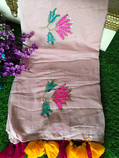 MulMul cotton light peach colour thread embroidered Saree