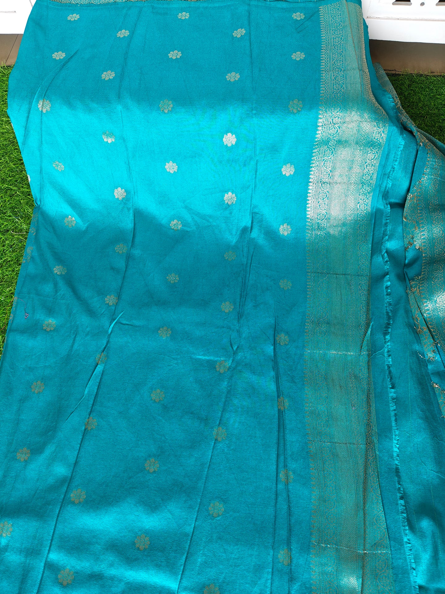 Grennish vlue Banarsi Silk Saree with gold weaving
