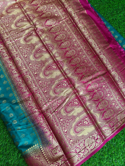 Peacock or Teal Blue Banarasi Semi Georgette Silk Saree with Rani Pink Contrast Border & Blouse