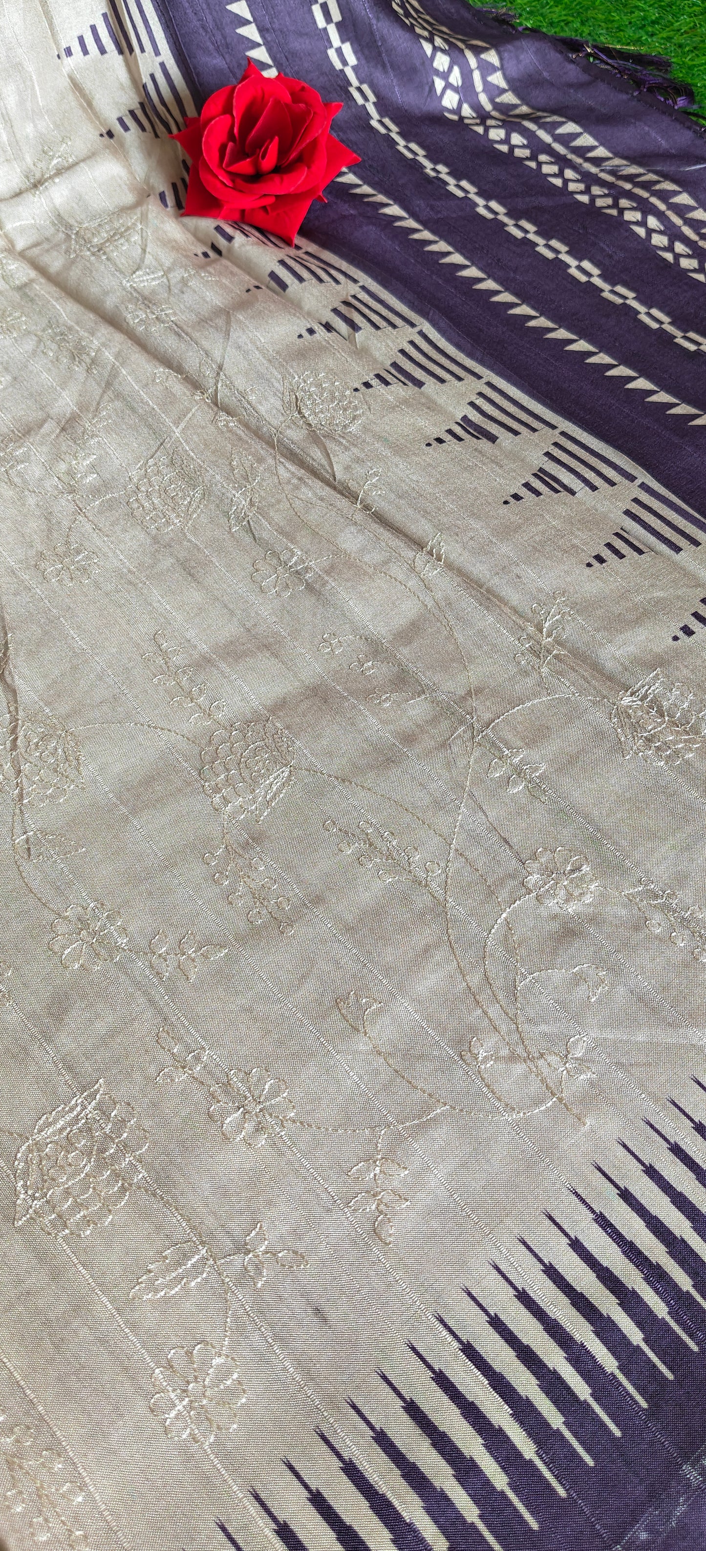 Cream Self Thread Embroidered Soft Silk Saree with Contrast Border