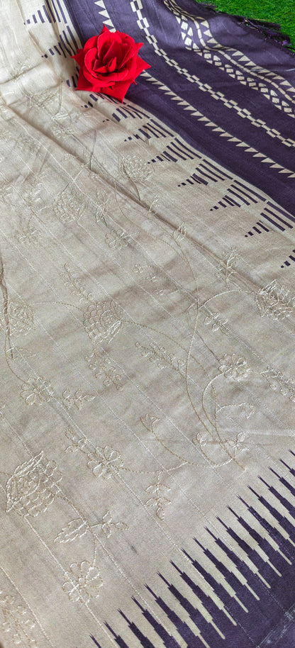 Cream Self Thread Embroidered Soft Silk Saree with Contrast Border