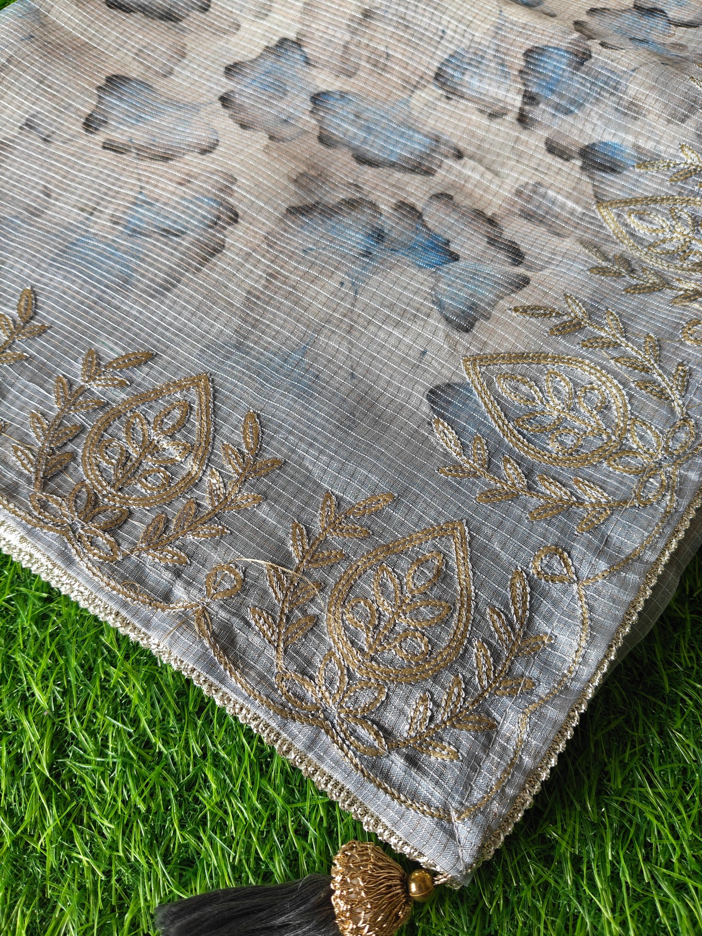 Grey Kota Cotton Silk Printed Saree with Zari Thread Embroidery & Contrast Blouse
