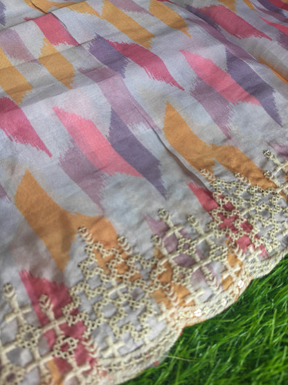 Multicolored Italian satin crepe Silk with contrast blouse Saree