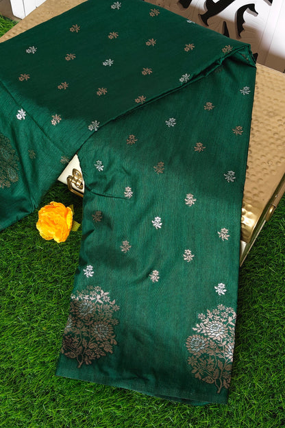 Green Raw Silk Saree with Contrast Motif Work