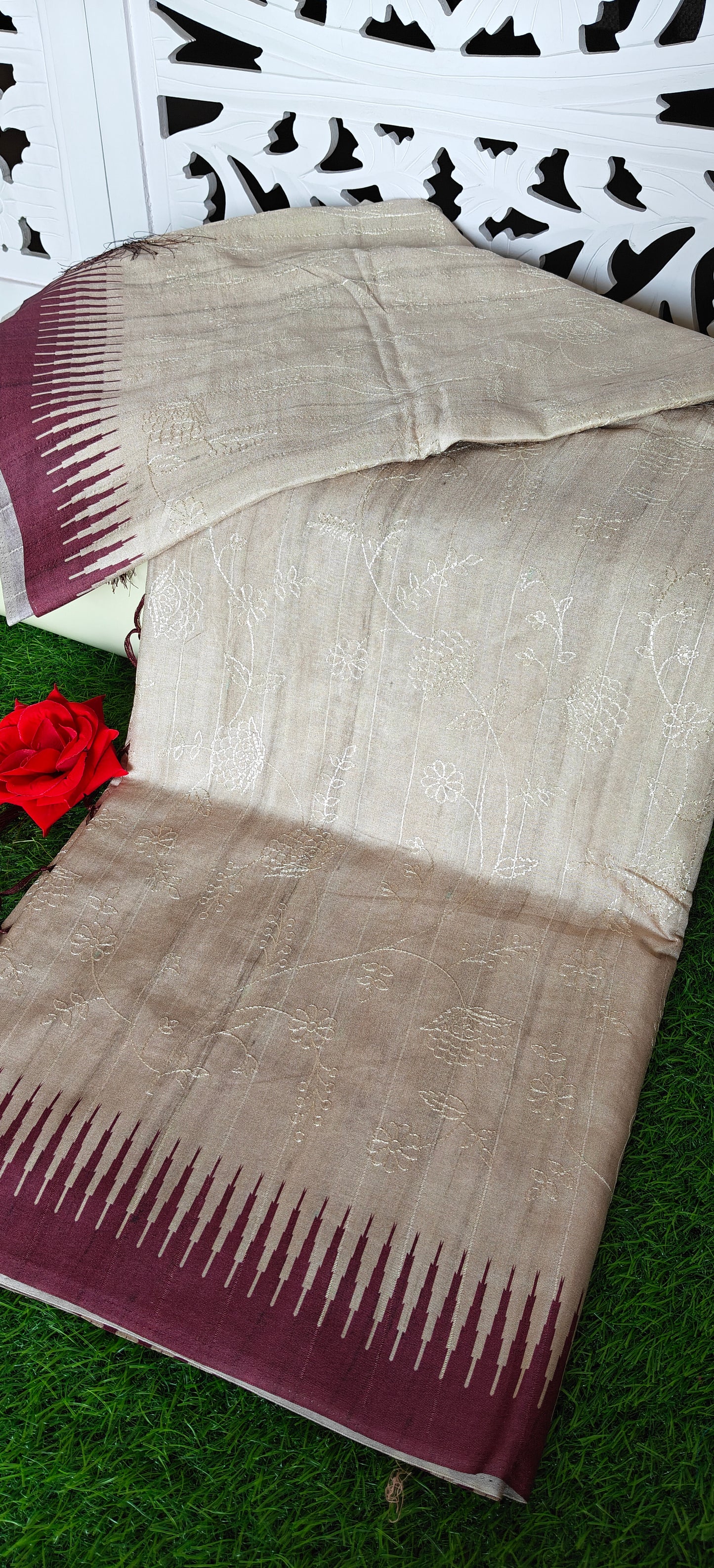 Cream Self Thread Embroidered Soft Silk Saree with Contrast Border