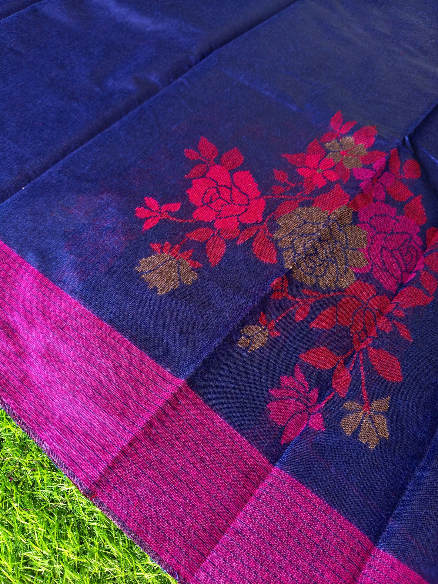 Royal Blue Cotton Saree with Thread Embroidery & Contrast Border | Elegant Traditional Saree