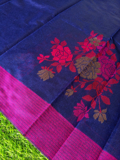 Royal Blue Cotton Saree with Thread Embroidery & Contrast Border | Elegant Traditional Saree