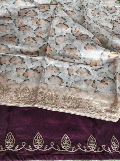 Earthy Brown Kota Cotton Silk Printed Saree with Zari Thread Embroidery & Contrast Blouse